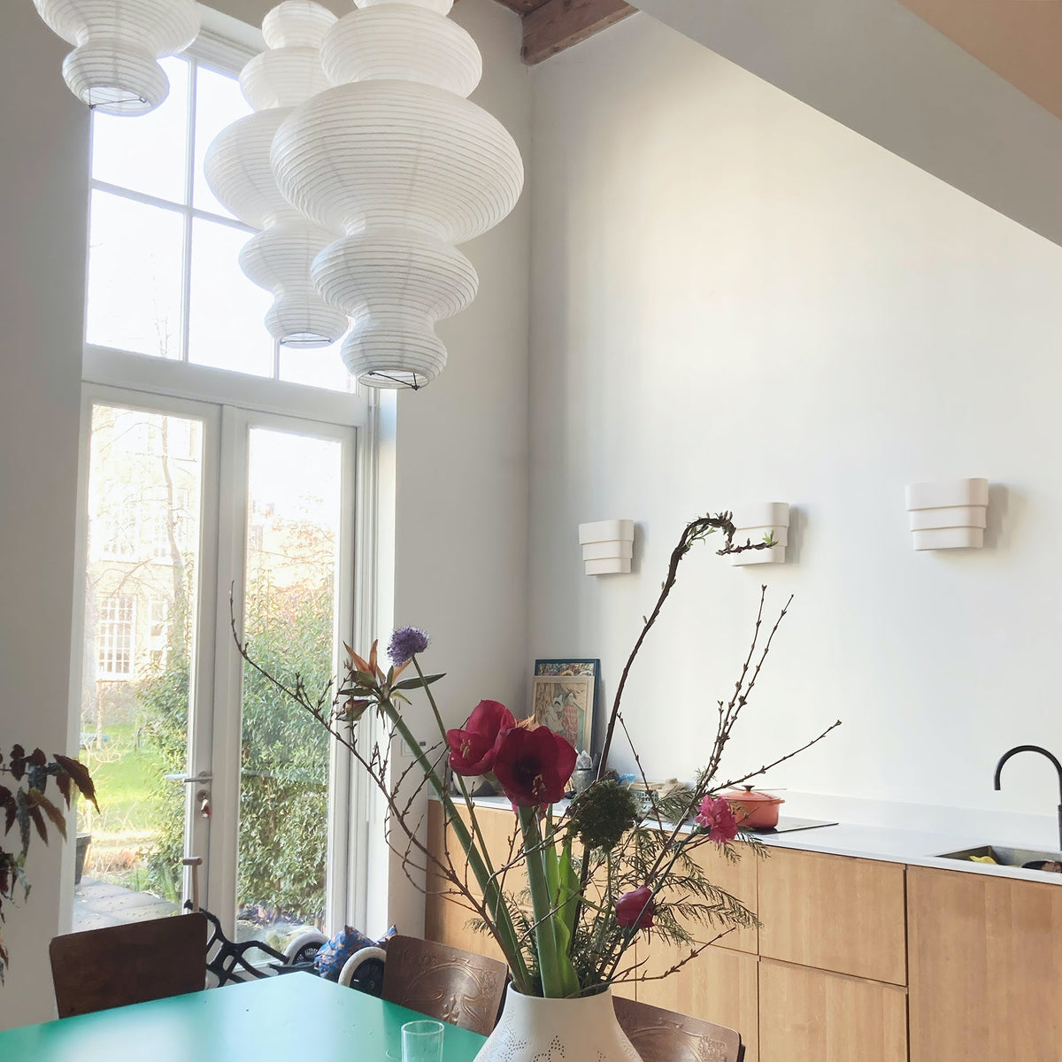 Overhead Suspension Lamp 18.5×32 White Handmade Paper Shade for Dining Table Kitchen Island Contemporary Asian Inspired Ceiling Fixture Adju
