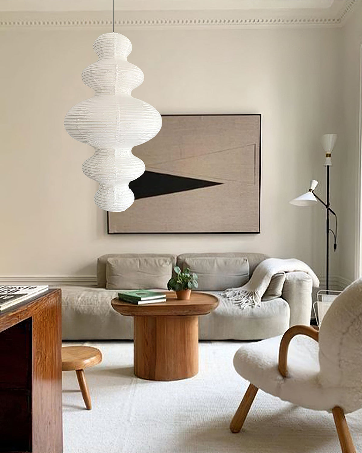 Overhead Suspension Lamp 18.5×32 White Handmade Paper Shade for Dining Table Kitchen Island Contemporary Asian Inspired Ceiling Fixture Adju