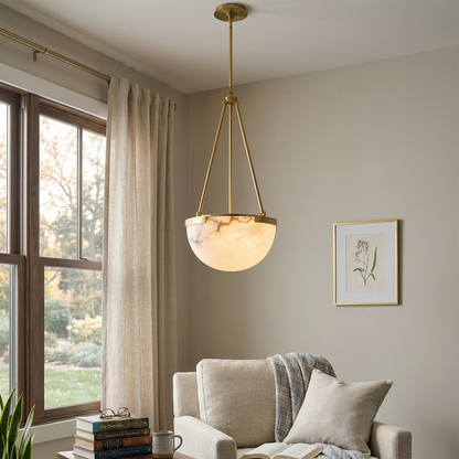 Alabaster Pendant Light with Metal Frame – Modern Kitchen Pendant Lighting for Island, Unique Design, Warm Glow