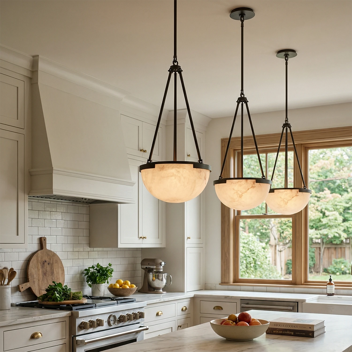 Alabaster Pendant Light with Metal Frame – Modern Kitchen Pendant Lighting for Island, Unique Design, Warm Glow