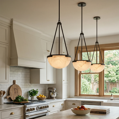 Alabaster Pendant Light with Metal Frame – Modern Kitchen Pendant Lighting for Island, Unique Design, Warm Glow