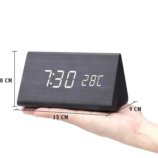Wood-Style Digital Alarm Clock with LED Display & Voice Control – 3 Alarms, Adjustable Brightness & Temperature Display for Bedroom