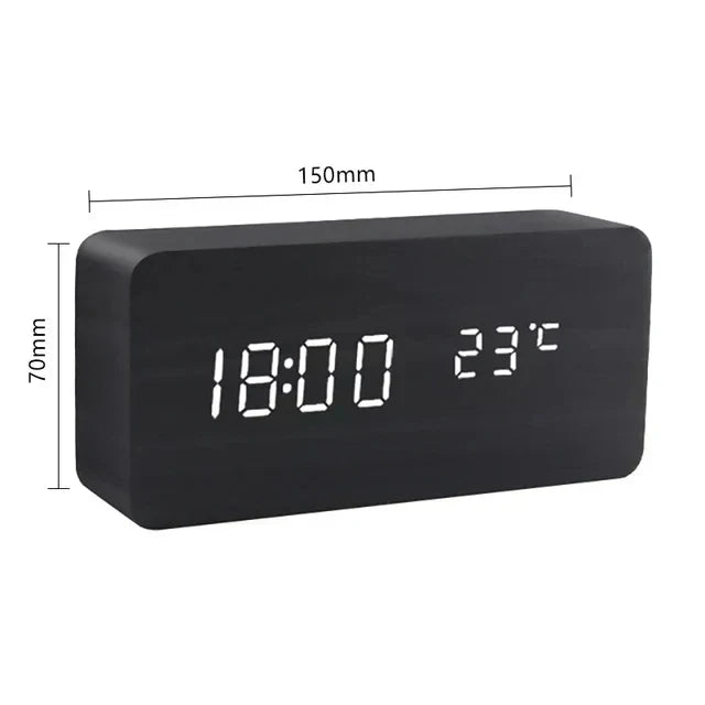 Wood-Style Digital Alarm Clock with LED Display & Voice Control – 3 Alarms, Adjustable Brightness & Temperature Display for Bedroom