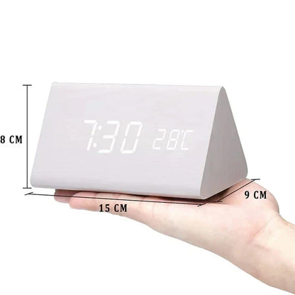 Wood-Style Digital Alarm Clock with LED Display & Voice Control – 3 Alarms, Adjustable Brightness & Temperature Display for Bedroom