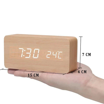 Wood-Style Digital Alarm Clock with LED Display & Voice Control – 3 Alarms, Adjustable Brightness & Temperature Display for Bedroom