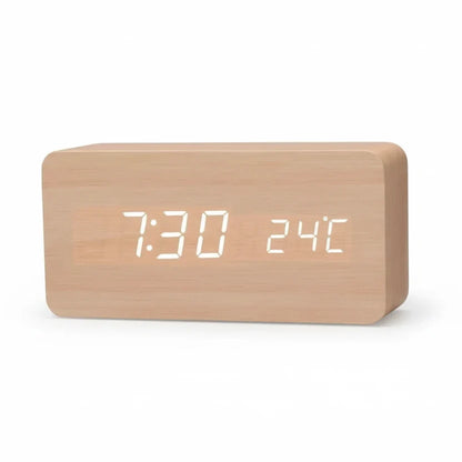 Digital Alarm Clock with Wood-Grain Finish – 3 Alarms, Temperature Display & Adjustable LED Brightness for Bedroom, Desk & Nightstand