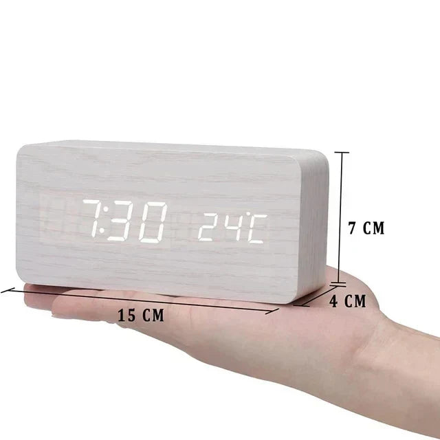 Wood-Style Digital Alarm Clock with LED Display & Voice Control – 3 Alarms, Adjustable Brightness & Temperature Display for Bedroom