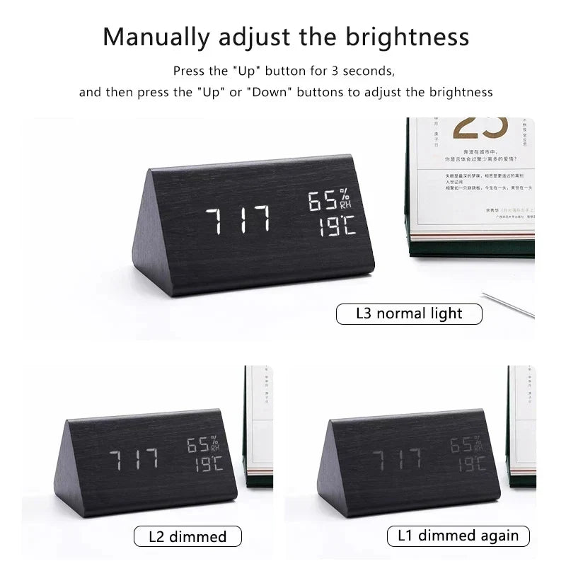 Wood-Style Digital Alarm Clock with LED Display & Voice Control – 3 Alarms, Adjustable Brightness & Temperature Display for Bedroom