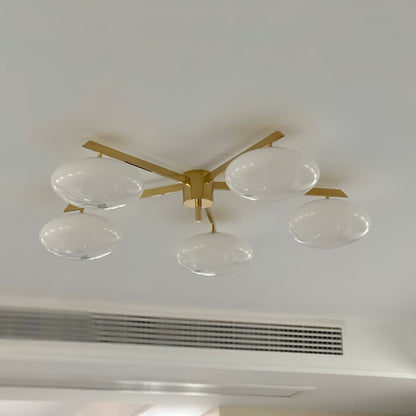Five-Arm Flush Mount Ceiling Fixture with Milky White Shades in Warm Gold Finish for Kitchen Island Bedroom Hallway Entry Foyer Low Profile