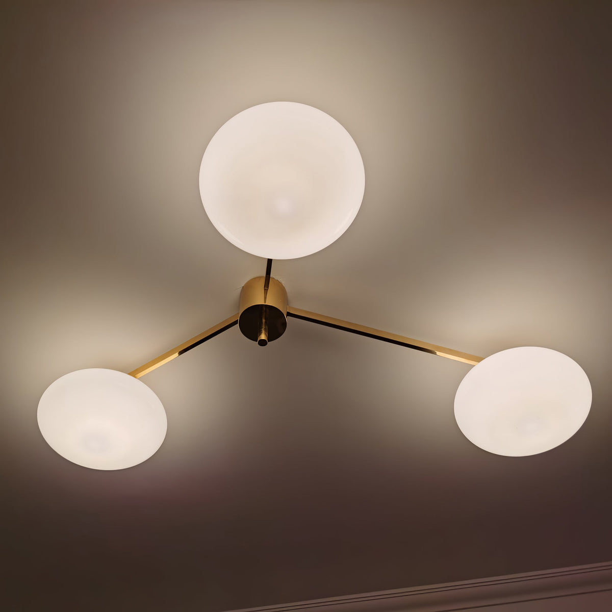 Five-Arm Flush Mount Ceiling Fixture with Milky White Shades in Warm Gold Finish for Kitchen Island Bedroom Hallway Entry Foyer Low Profile
