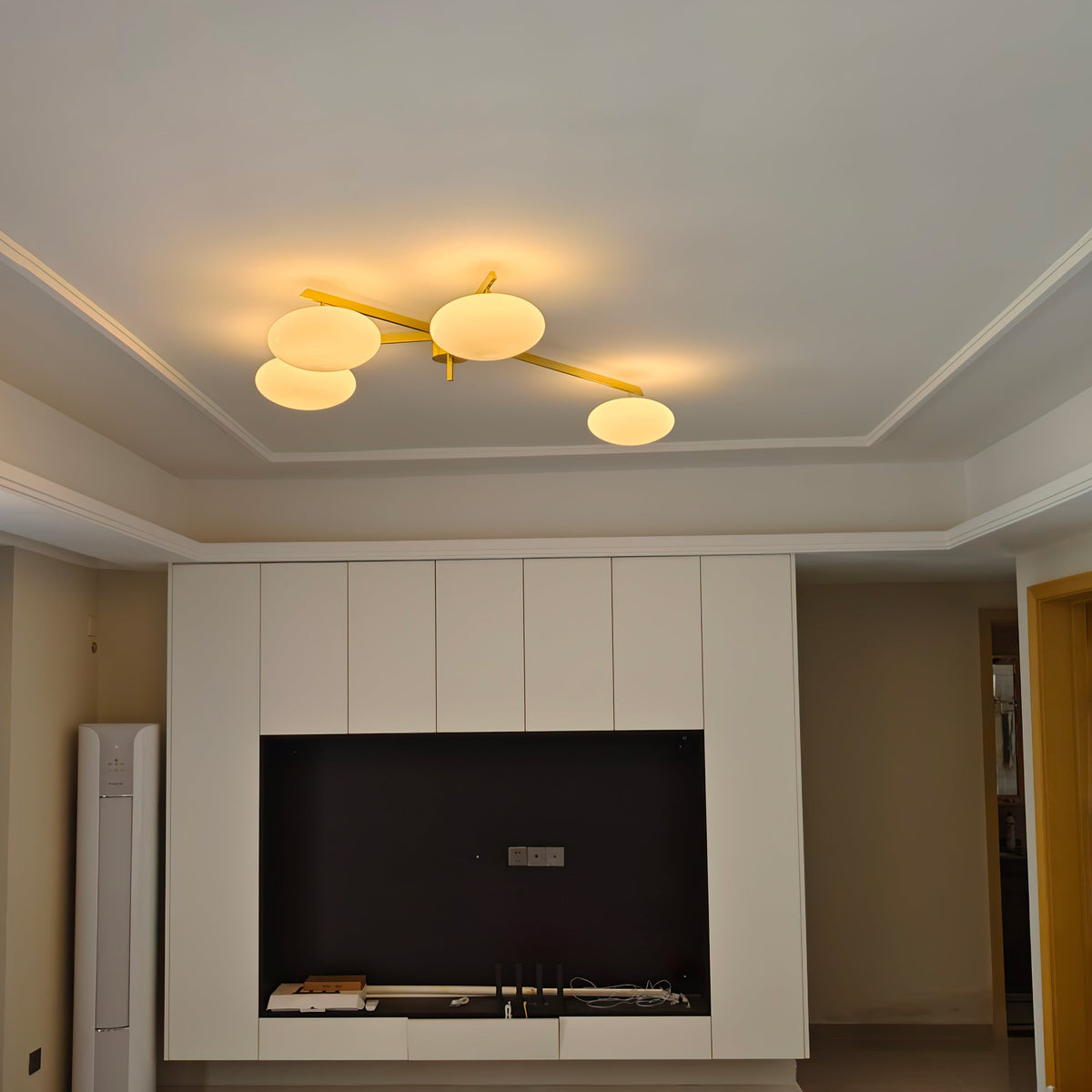 Five-Arm Flush Mount Ceiling Fixture with Milky White Shades in Warm Gold Finish for Kitchen Island Bedroom Hallway Entry Foyer Low Profile