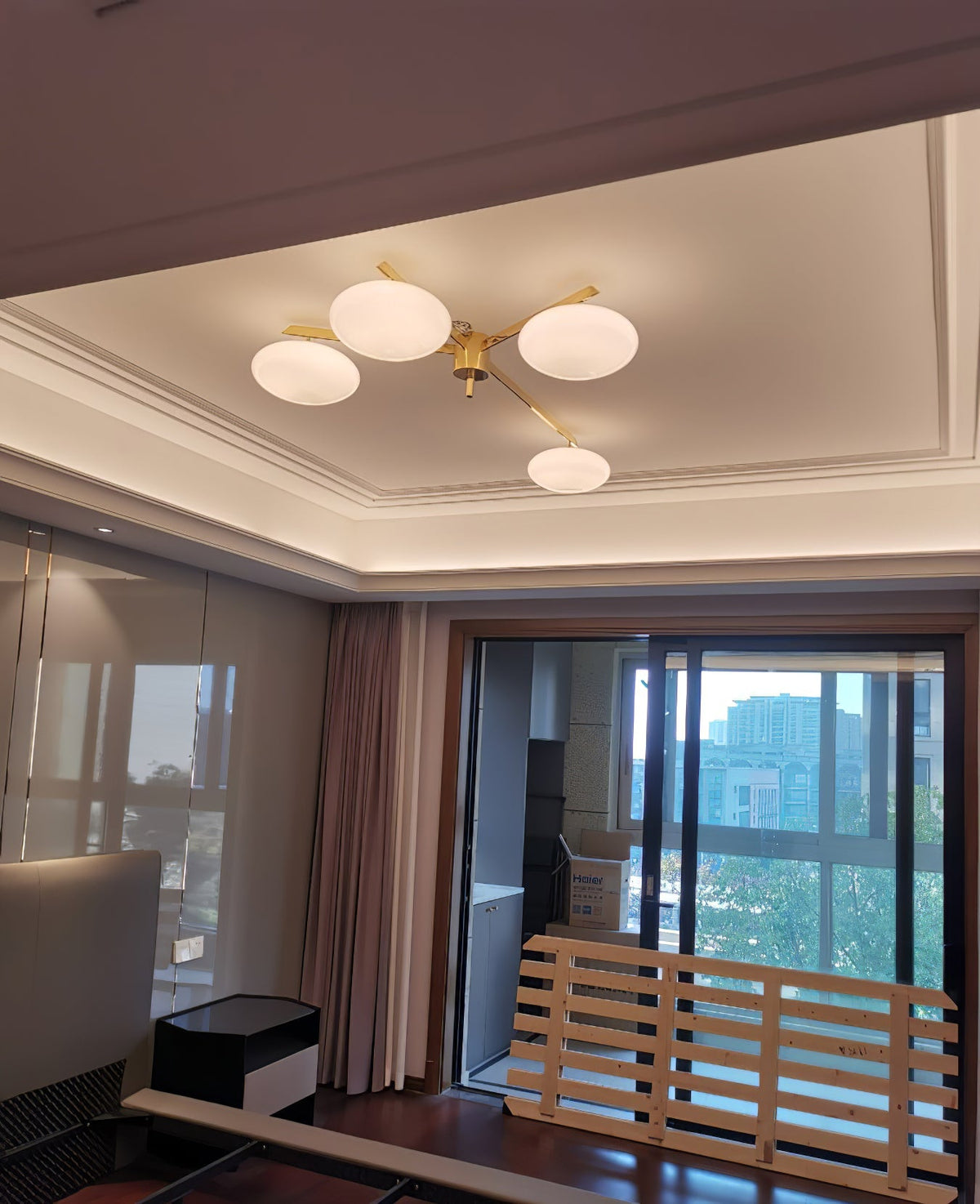 Five-Arm Flush Mount Ceiling Fixture with Milky White Shades in Warm Gold Finish for Kitchen Island Bedroom Hallway Entry Foyer Low Profile