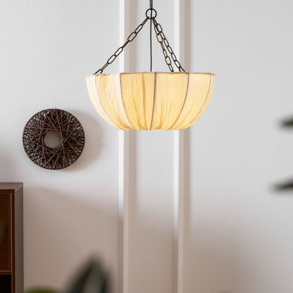 Fabric Drum Ceiling Light with Bowl Shade for Kitchens and Dining Areas 16 Inch Adjustable Hanging Fixture Neutral Beige Cloth Lampshade Thr