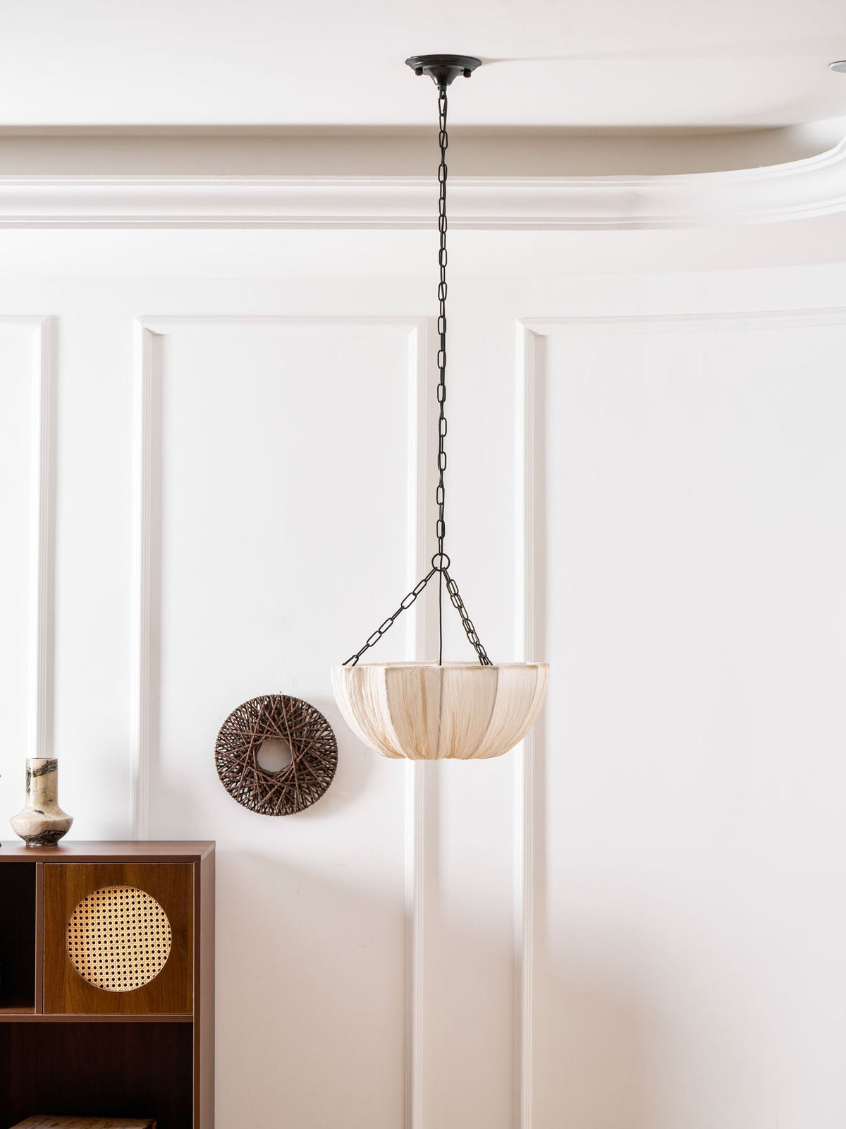 Fabric Drum Ceiling Light with Bowl Shade for Kitchens and Dining Areas 16 Inch Adjustable Hanging Fixture Neutral Beige Cloth Lampshade Thr