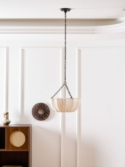Fabric Drum Ceiling Light with Bowl Shade for Kitchens and Dining Areas 16 Inch Adjustable Hanging Fixture Neutral Beige Cloth Lampshade Thr
