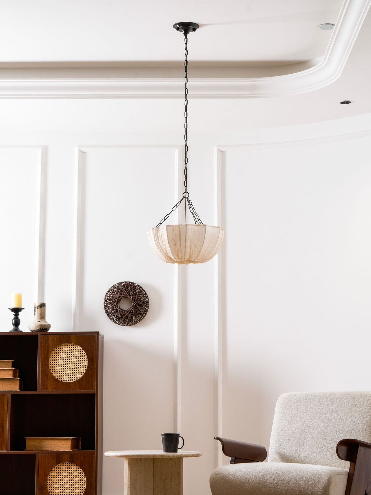 Fabric Drum Ceiling Light with Bowl Shade for Kitchens and Dining Areas 16 Inch Adjustable Hanging Fixture Neutral Beige Cloth Lampshade Thr