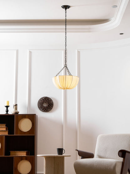 Fabric Drum Ceiling Light with Bowl Shade for Kitchens and Dining Areas 16 Inch Adjustable Hanging Fixture Neutral Beige Cloth Lampshade Thr