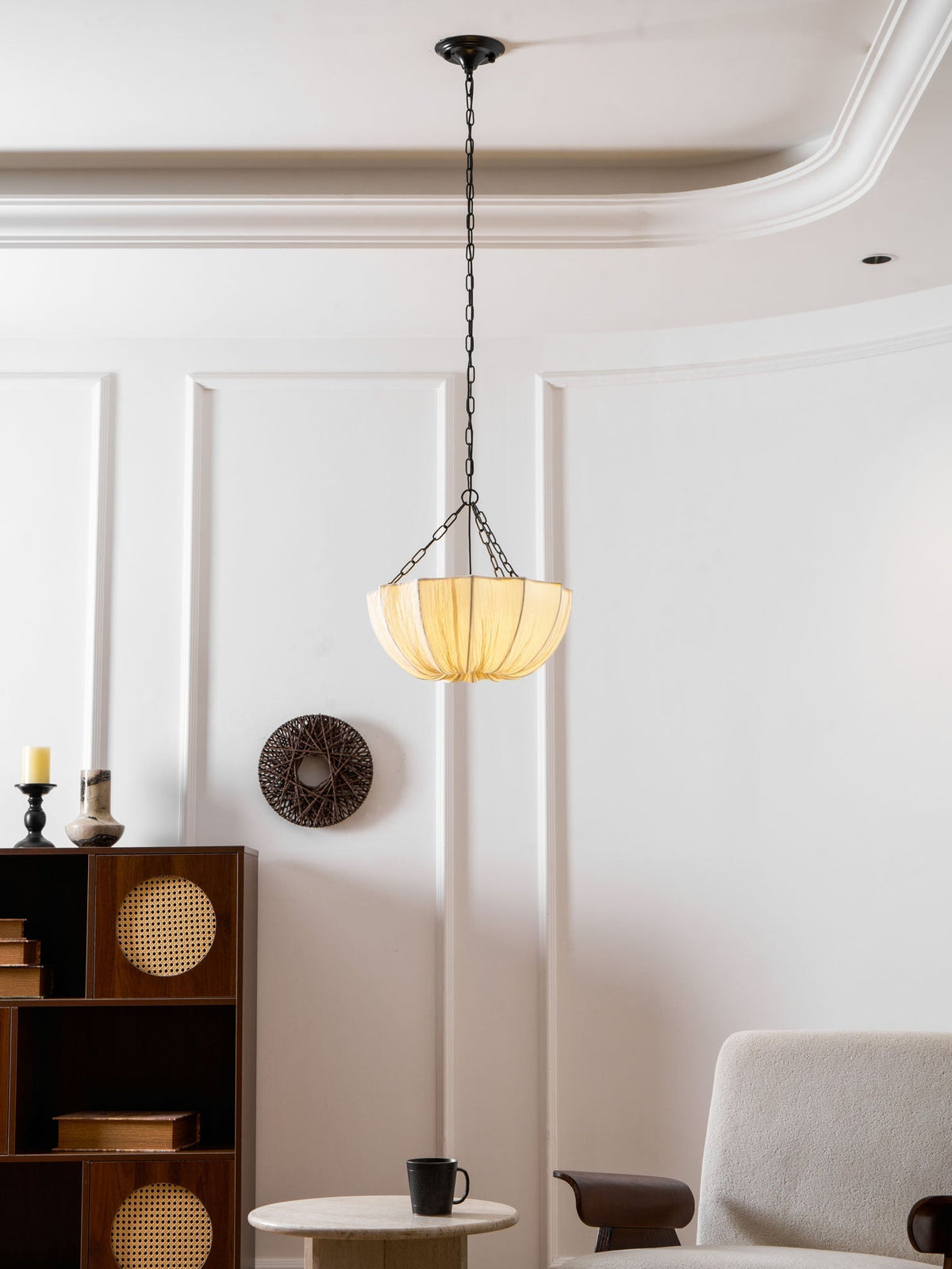 Fabric Drum Ceiling Light with Bowl Shade for Kitchens and Dining Areas 16 Inch Adjustable Hanging Fixture Neutral Beige Cloth Lampshade Thr