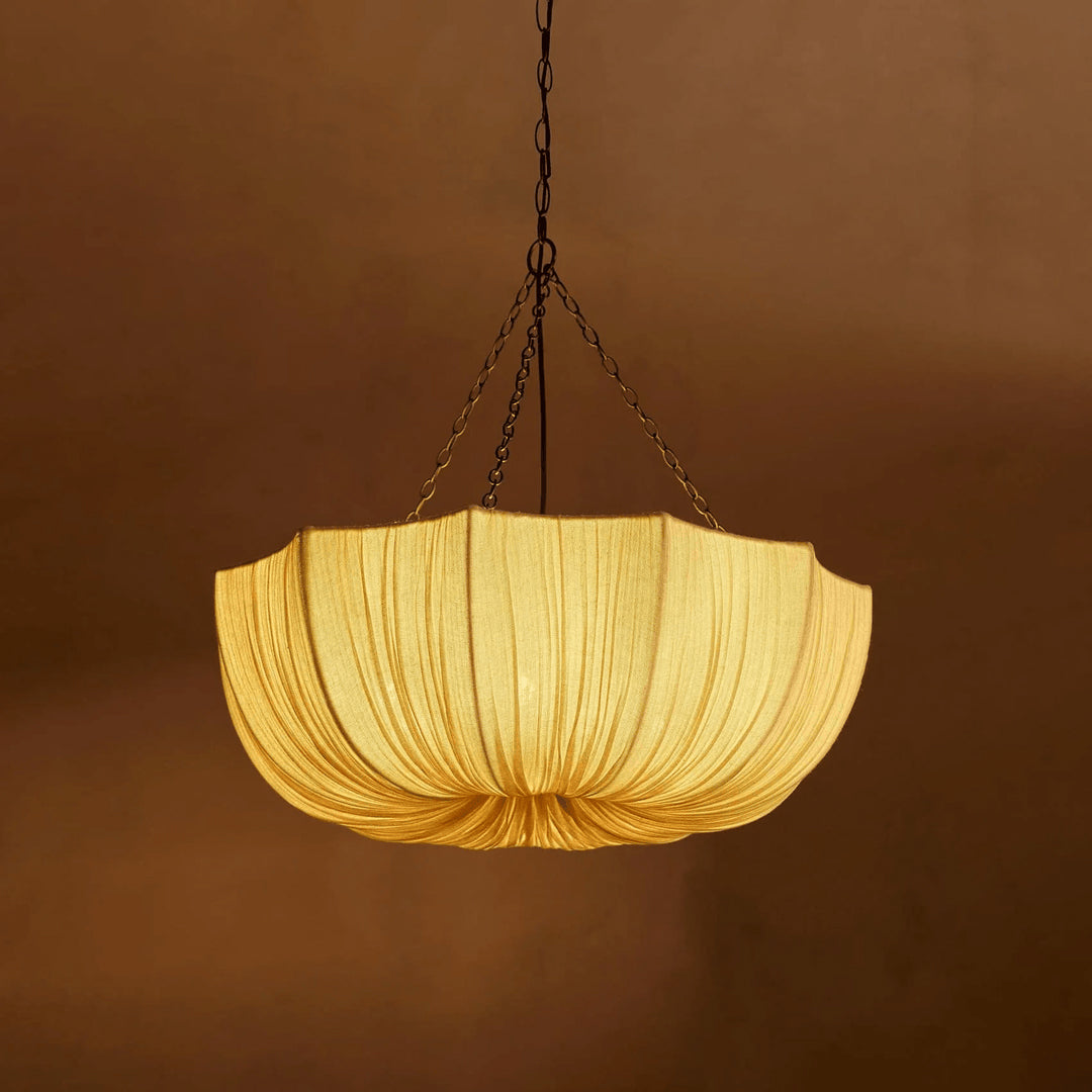 Fabric Drum Ceiling Light with Bowl Shade for Kitchens and Dining Areas 16 Inch Adjustable Hanging Fixture Neutral Beige Cloth Lampshade Thr