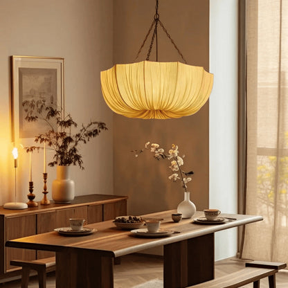 Fabric Drum Ceiling Light with Bowl Shade for Kitchens and Dining Areas 16 Inch Adjustable Hanging Fixture Neutral Beige Cloth Lampshade Thr