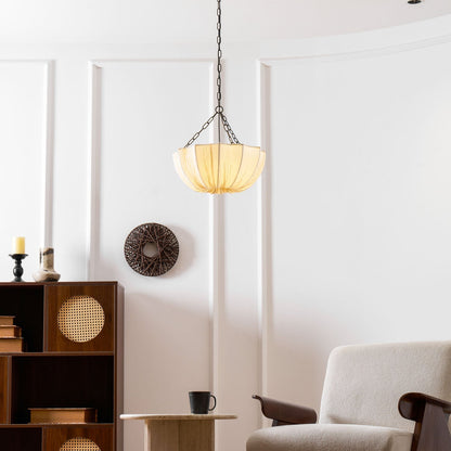 Fabric Drum Ceiling Light with Bowl Shade for Kitchens and Dining Areas 16 Inch Adjustable Hanging Fixture Neutral Beige Cloth Lampshade Thr