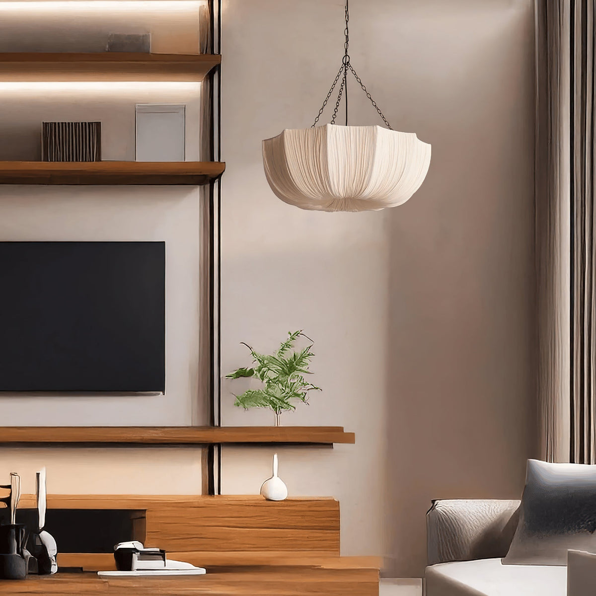 Fabric Drum Ceiling Light with Bowl Shade for Kitchens and Dining Areas 16 Inch Adjustable Hanging Fixture Neutral Beige Cloth Lampshade Thr