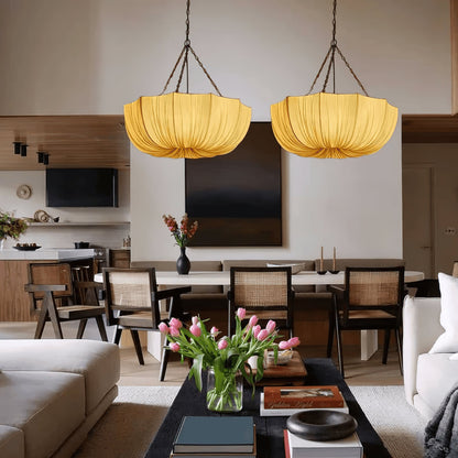 Fabric Drum Ceiling Light with Bowl Shade for Kitchens and Dining Areas 16 Inch Adjustable Hanging Fixture Neutral Beige Cloth Lampshade Thr