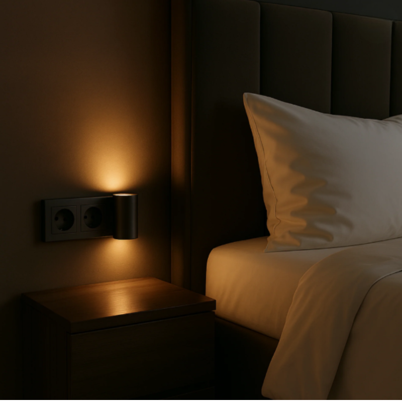 Automatic Sensor Night Light for Bedroom Hallway Black ABS Plug-In Dimmable LED Ambient Lighting 3000K Warm Glow 4.2 Inch Wall Mount