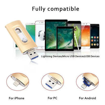 Thumb Drive 3-in-1 Connector Metal 2.6 in Portable Data Storage for iPhone Android PC Mac Laptop Tablet Photo Video Backup Keychain Memory S