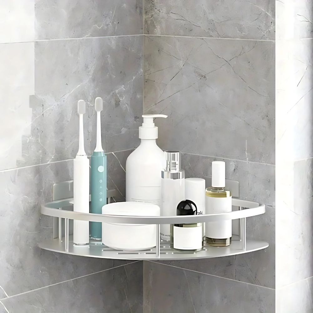 Triangular Bathroom Caddy 10 in Depth Aluminum No-Drill Adhesive Mount for Shampoo Soap Storage in Shower Stall Corner