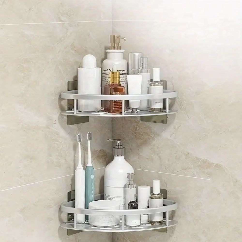 Adhesive Corner Caddy Aluminum Rust-Proof Bathroom Storage Holder for Shampoo Soap Toiletries No-Drill Wall Mount Rack for Shower Tub