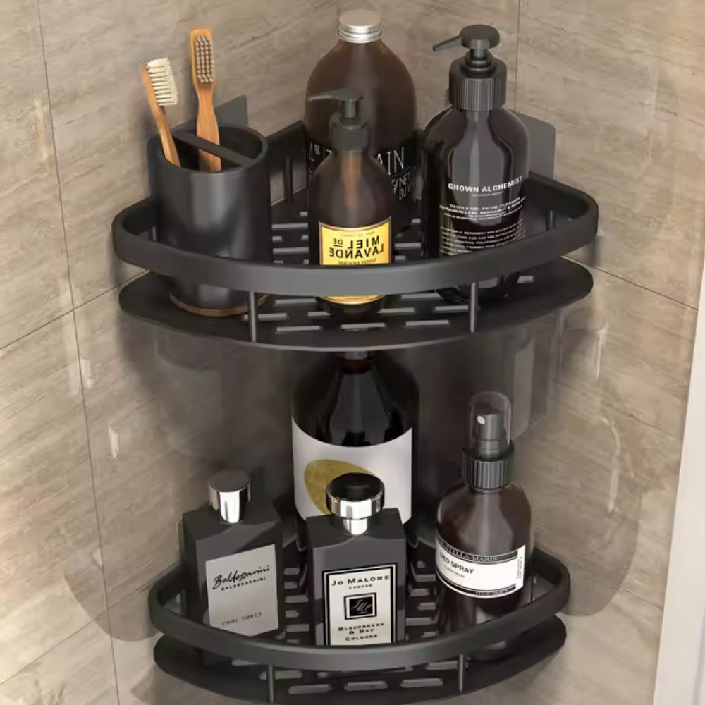 Triangular Bathroom Caddy 10 in Depth Aluminum No-Drill Adhesive Mount for Shampoo Soap Storage in Shower Stall Corner