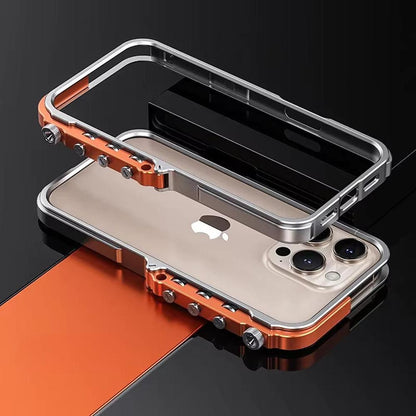 Aluminum Metal Frame Phone Case for iPhone 13-17 Pro Max – Shock Absorbing, Raised Edge Protection, Precision Cutouts – Cosmic Orange &
