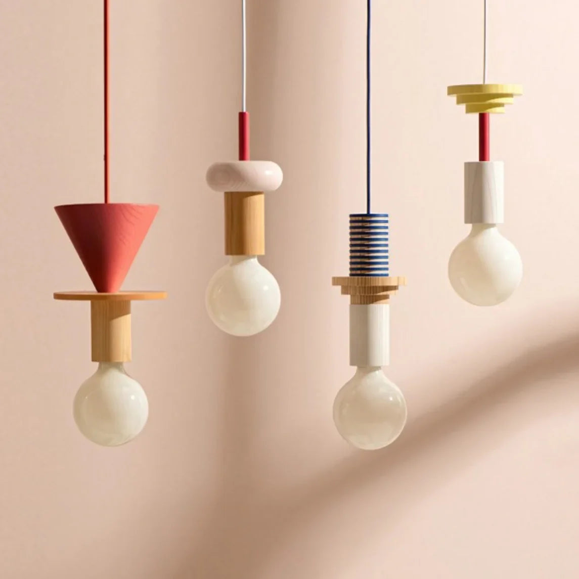Wooden Hanging Ceiling Fixture Multicolor Geometric Shade 7.5-16.5 in Height Adjustable Dining Room Kitchen Bedroom Overhead Lighting Modern