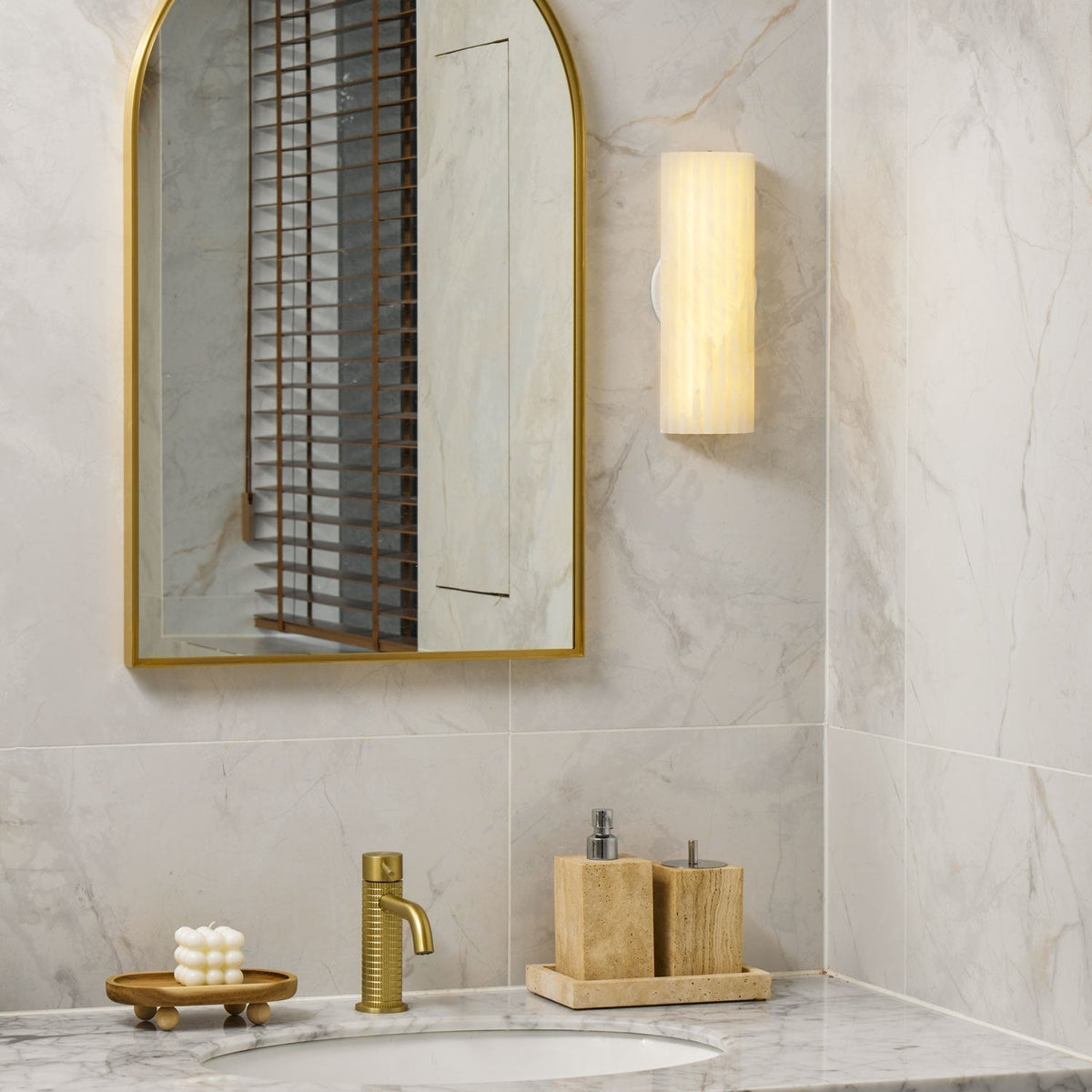 Alabaster LED Sconce 12 Inch Vertical Stone Wall Light for Vanity Hallway Bedroom Soft Glow Ambient Fixture Hardwired Modern Indoor Lighting