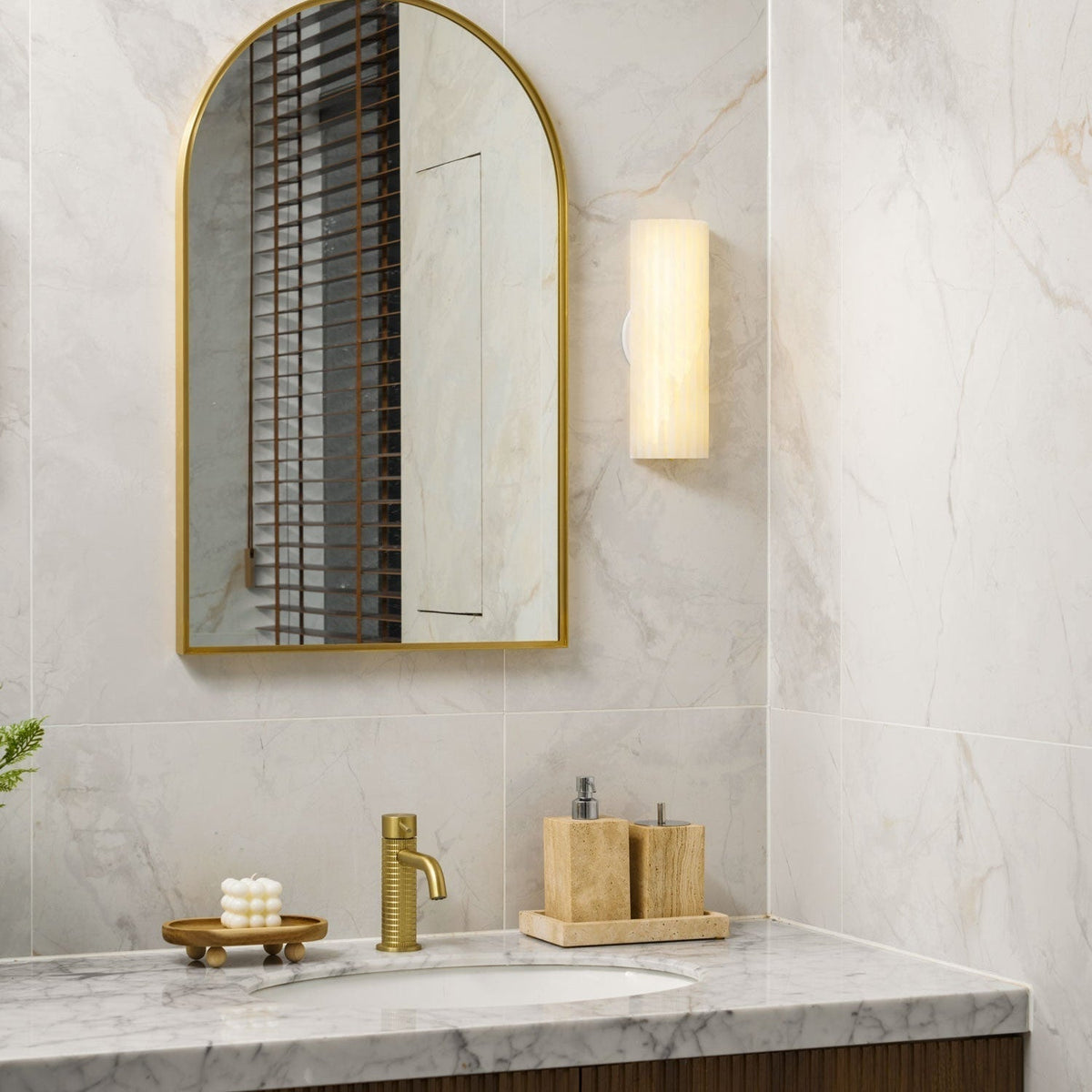 Alabaster LED Sconce 12 Inch Vertical Stone Wall Light for Vanity Hallway Bedroom Soft Glow Ambient Fixture Hardwired Modern Indoor Lighting