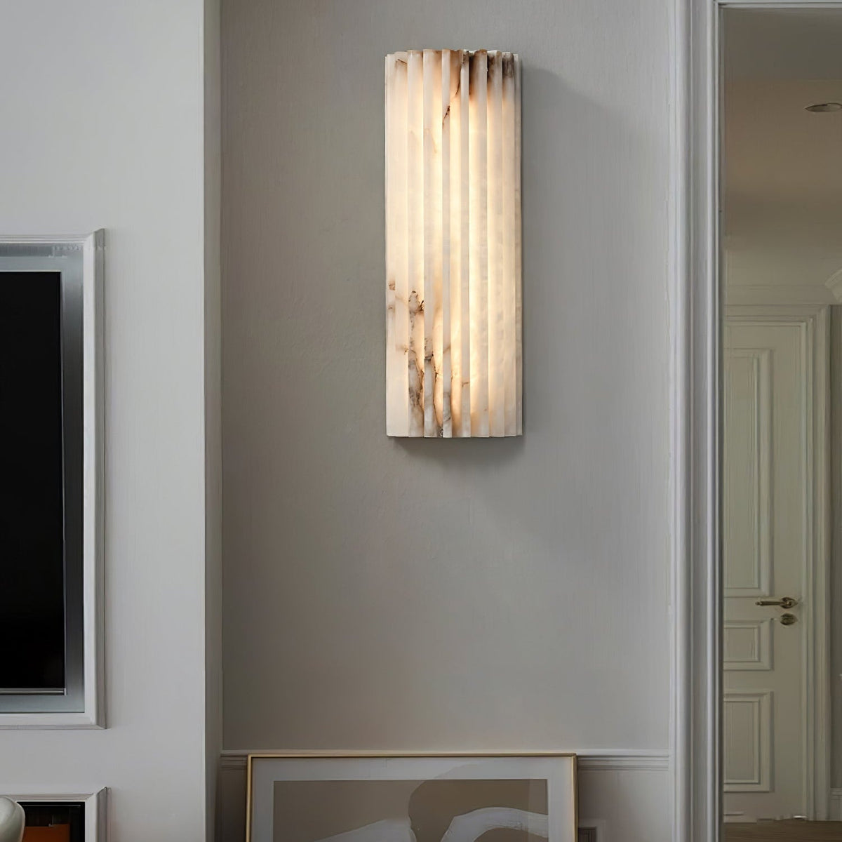 Alabaster LED Sconce 12 Inch Vertical Stone Wall Light for Vanity Hallway Bedroom Soft Glow Ambient Fixture Hardwired Modern Indoor Lighting