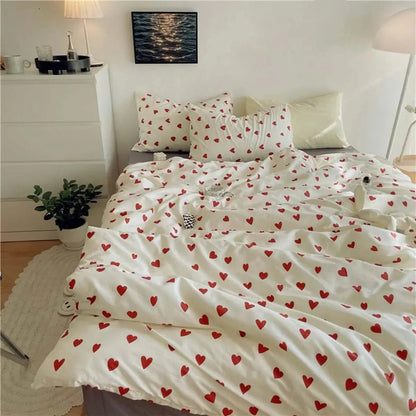 Heart Print Bedding Set – 4-Piece Queen Full Twin Duvet Cover Sheet & Pillowcases Microfiber Soft Lightweight for Kids Adults Bedroom