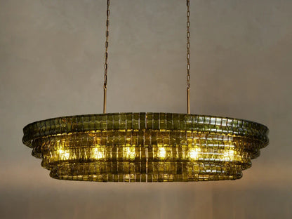 Oval Statement Chandelier Steel Frame Curved Glass Panels Adjustable Drop 5 or 12 Bulbs Dining Room Foyer