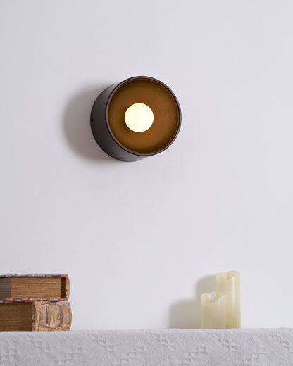 Sconce Light Fixture 7-Inch Round Metal & Glass Shade White for Bedroom Hallway Reading Nook Accent Lighting Compact Modern