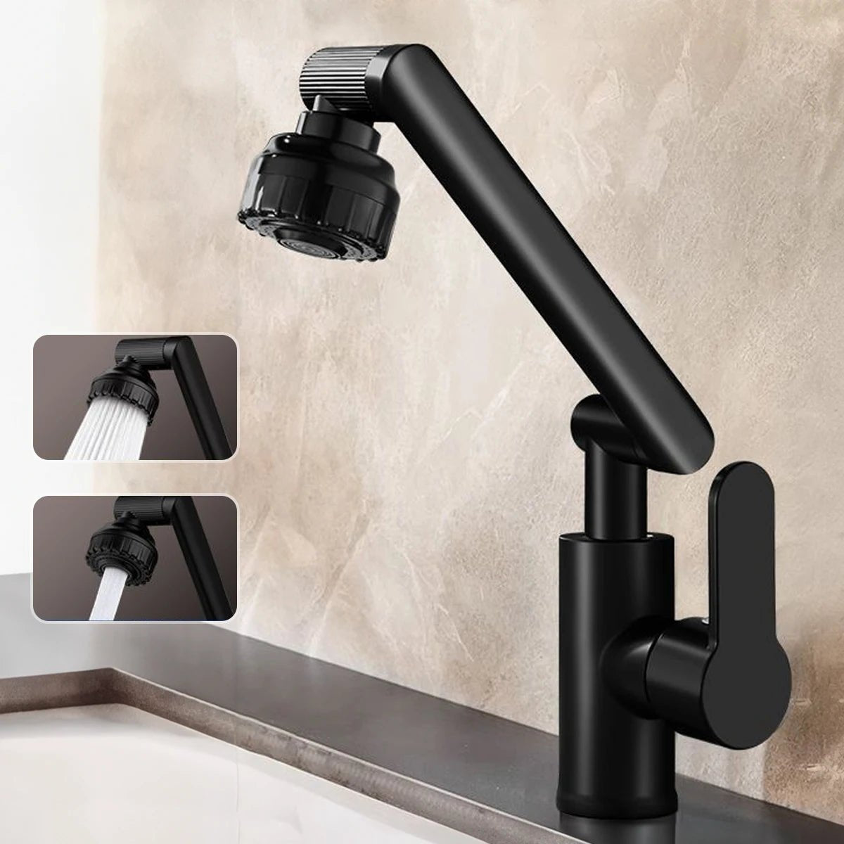 Articulating Kitchen Sink Faucet Extender with Dual Spray Modes – Adjustable Height, Full-Rotation Swivel Arm – Hot & Cold Mixer for Sink