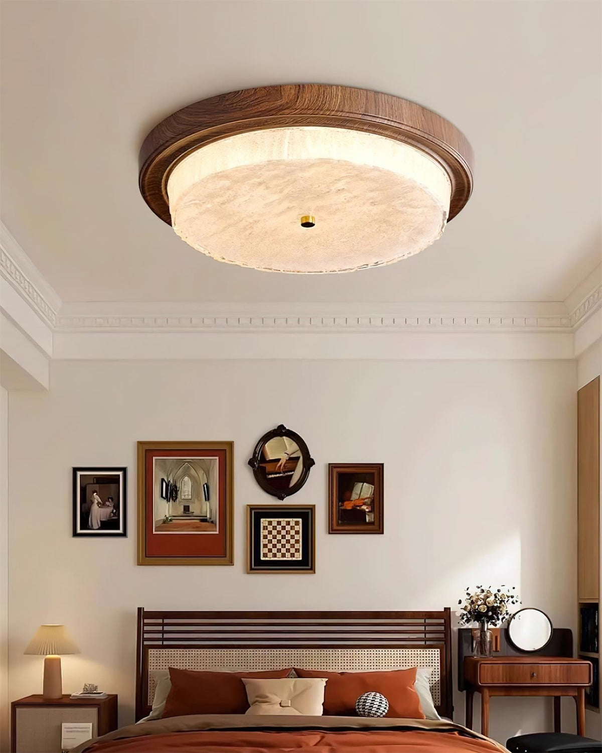 Flush Mount LED Ceiling Light Fixture Round Glass Shade Metal Frame 15 or 18 Inch Warm Glow for Bedroom Living Room Hallway Kitchen Integrat