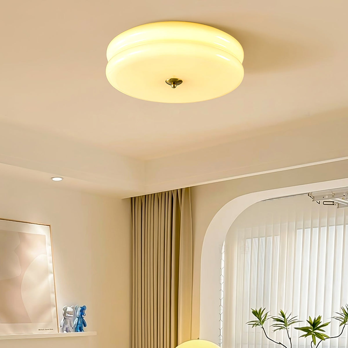 Art Deco Flush Mount Ceiling Light with White Glass Shade – Vintage LED Fixture for Living Room, Dining Room & Bedroom – Gold or Chrome