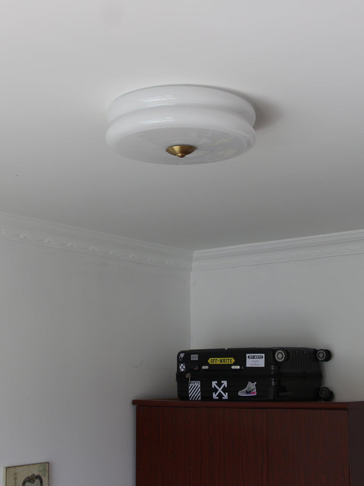 Art Deco Flush Mount Ceiling Light with White Glass Shade – Vintage LED Fixture for Living Room, Dining Room & Bedroom – Gold or Chrome