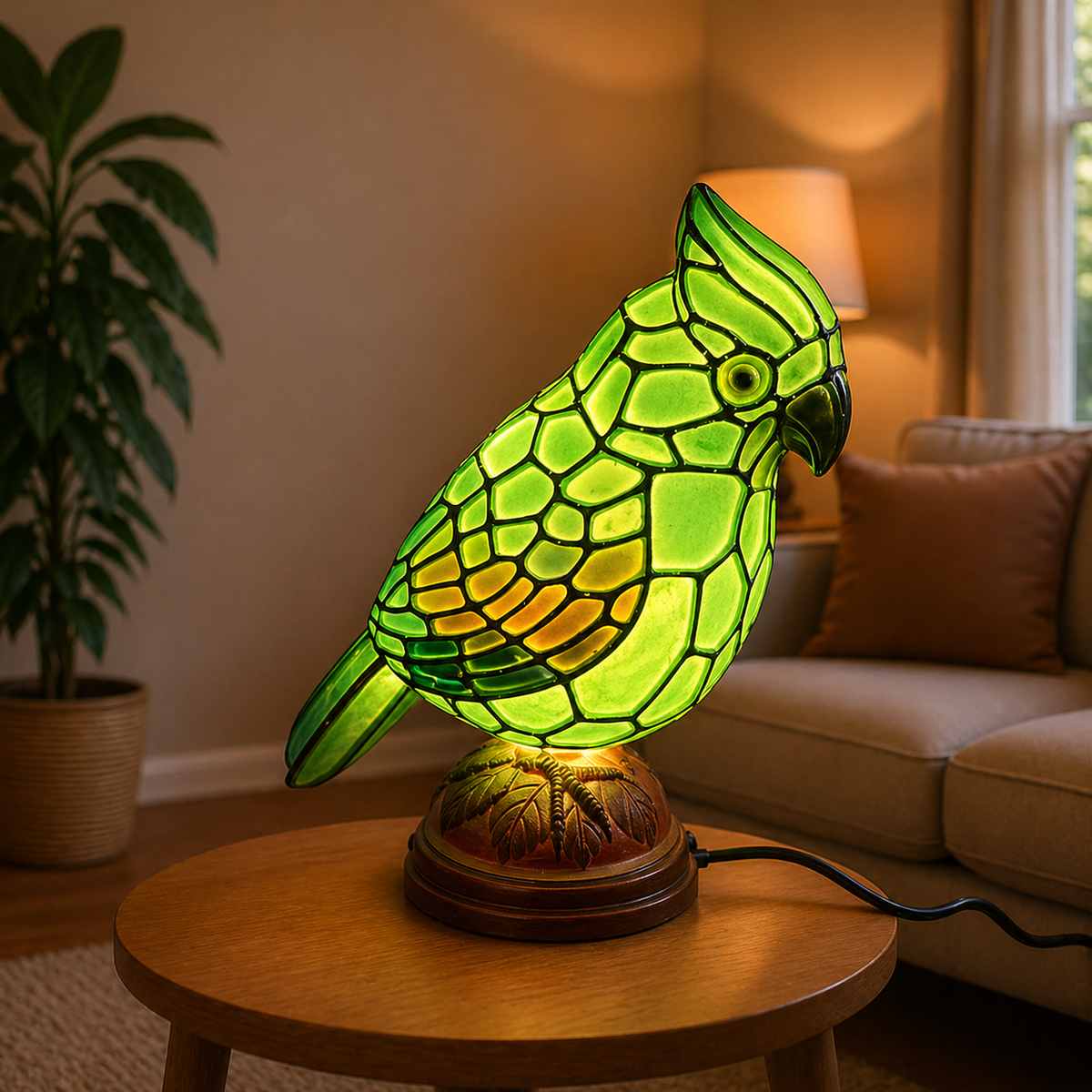 Art Glass Table Lamp with Red Cardinal Bird Design | USB Powered for Cozy Ambiance