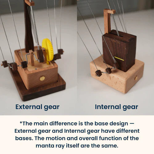 Kinetic Sculpture for Desk, Hand Cranked Wooden Automaton with Manta Ray Design, Office Desk Decor for Ocean Lovers