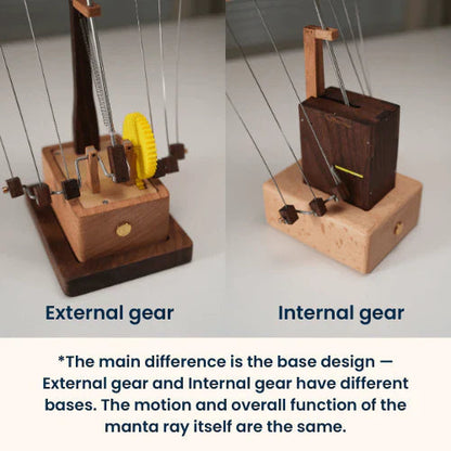 Kinetic Sculpture for Desk, Hand Cranked Wooden Automaton with Manta Ray Design, Office Desk Decor for Ocean Lovers