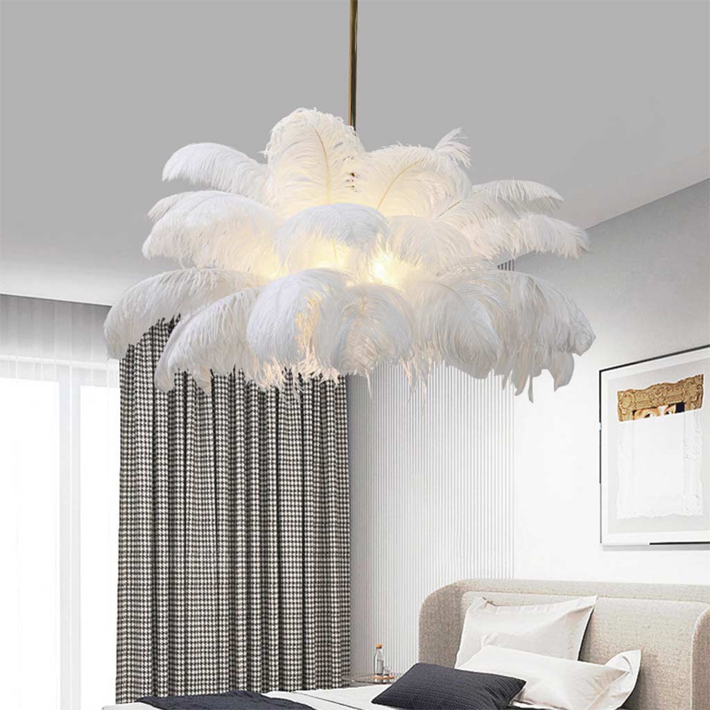 Feathered Ceiling Light White 31 in Adjustable LED Hanging Fixture for Bedroom Living Room Dining Room Statement Decor