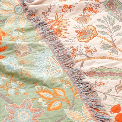 Artistic Boho Collection | Floral Cotton Throw Blanket with Playful Fringe | Cozy Layer for Home Decor