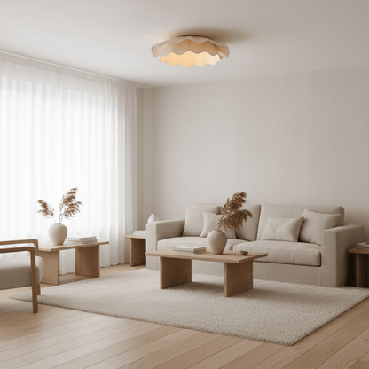 Dimmable LED Flush Mount Light 20 in Beige Fabric Shade Brass Accent for Bedroom Hallway Living Room 3 Color Modes Low Profile Overhead Fixt